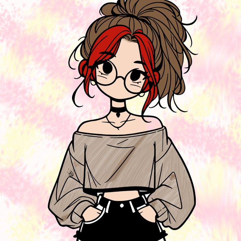 girl with a messy ponytail glasses a baggy crop top and jean shorts