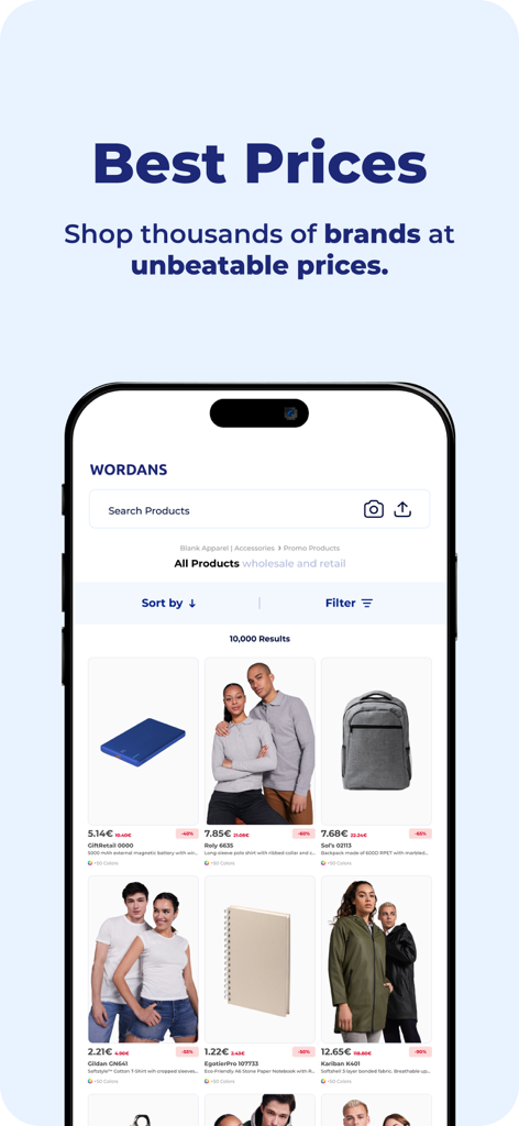 Wordans 모바일 앱 인터페이스에 도매 의류 및 홍보 상품 표시