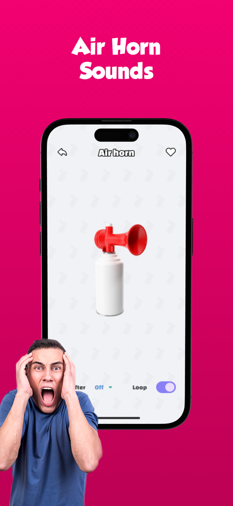 Smartphone screen displaying a red air horn within the Airhorn Funny Prank Sounds app next to a man looking shocked