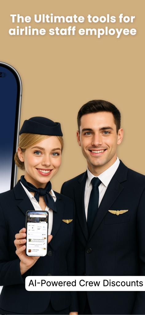 CrewVIP AI Airline Staff Perks - 男性パイロットと女性客室乗務員が、CrewVIPアプリの航空会社クルー割引インターフェースを見せながら笑顔で写っています。