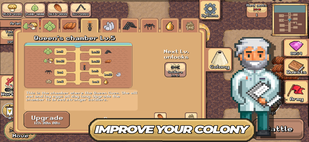 Gameplay screenshot of Pocket Ants showing the Queen's chamber menu with upgrade options and resource icons