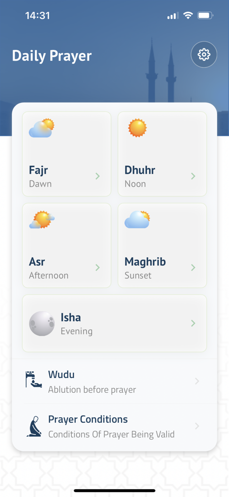 NamazStart - Daily prayer selection screen in NamazStart app