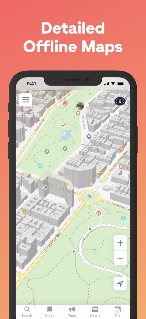 Smartphone screen showing a detailed 3D offline map of Central Park in the Tripomatic app.