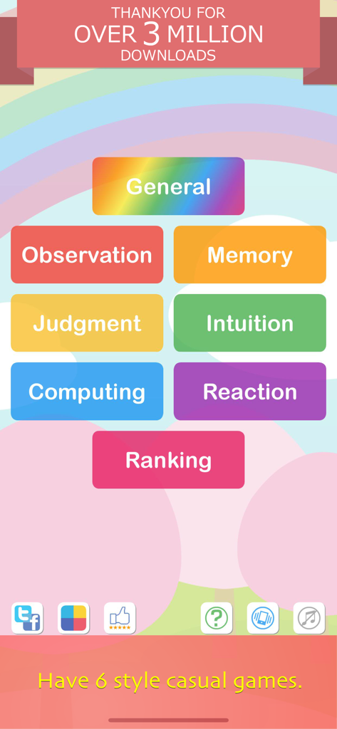 Interfaccia principale dell'app Brain Training che mostra varie categorie di esercizi mentali