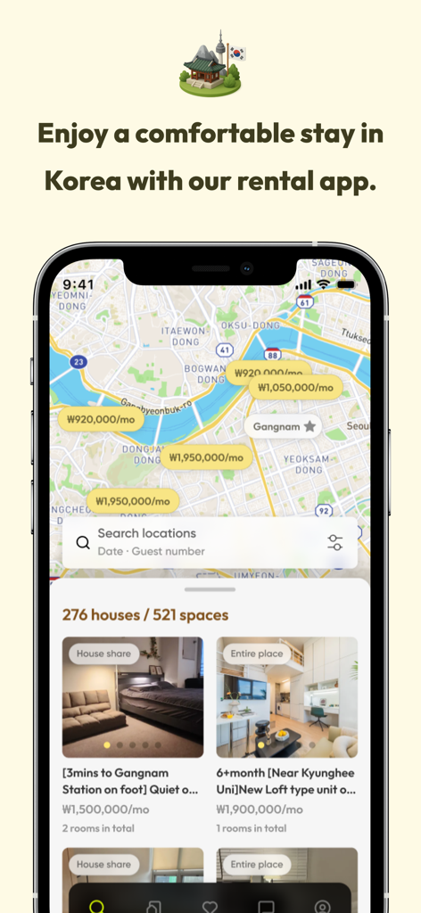 enkostay - No deposit in Korea - Enkostay mobile app displaying a map of Seoul with available rental listings and monthly prices