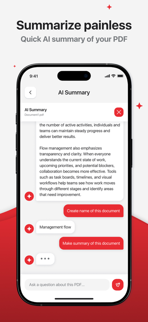 PDF Editor — AI Summarize - Interface of the PDF Editor app showing AI document summarization chat