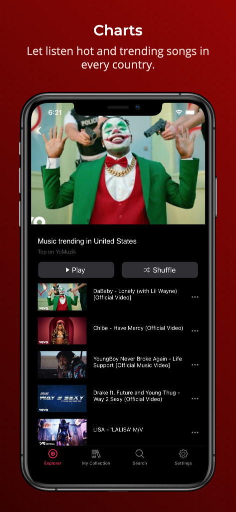YoMuzik - Music Streaming - YoMuzikアプリのインターフェース。米国のトレンド音楽チャートとトップソングを表示。