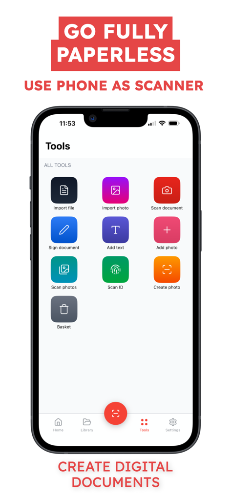 PDF Editor: Scan & Sign Doc - A mobile interface of the PDF Editor app showing various tools including scan document, sign document, and add text to create digital documents.