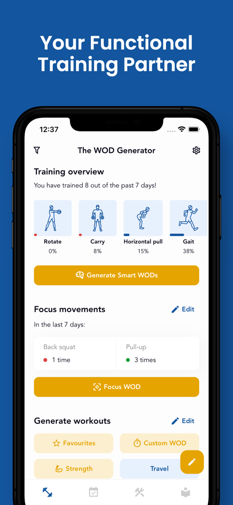 The WOD Generator: Workout - The WOD Generator app dashboard showing training overview focus movements and workout generation buttons