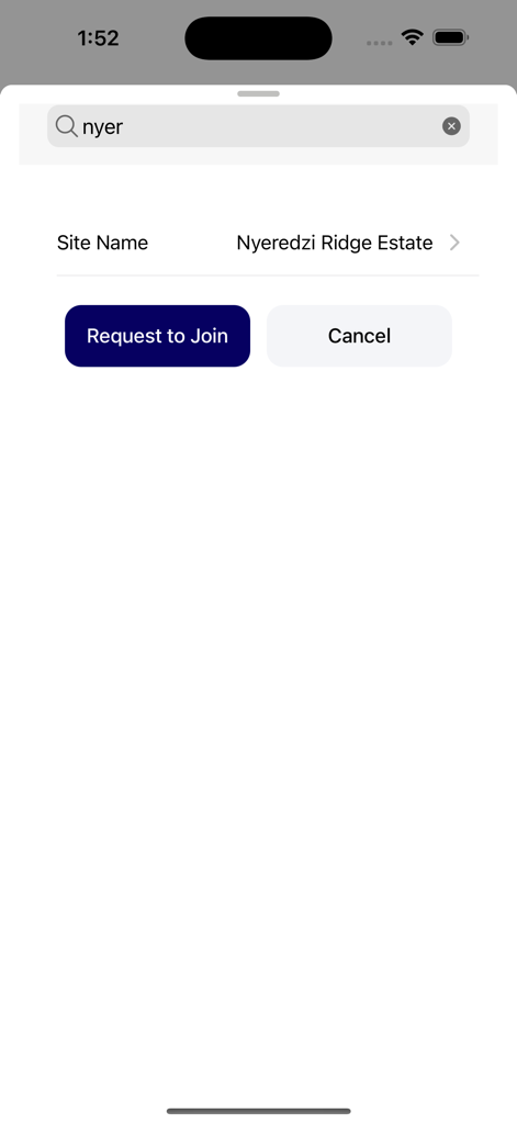 Securiti - Interface do aplicativo Securiti mostrando uma solicitação para ingressar no local Nyeredzi Ridge Estate