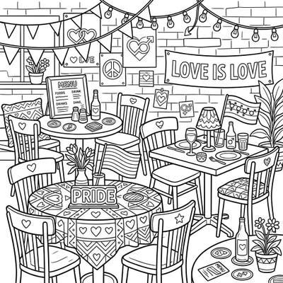 Immerse yourself in the joyful spirit of Pride Month with this intricately designed coloring page featuring a lively pub and bistro scene. Discover tables adorned with rainbow flags, hearts, and 'Love Is Love' banners, all ready for your creative touch.
