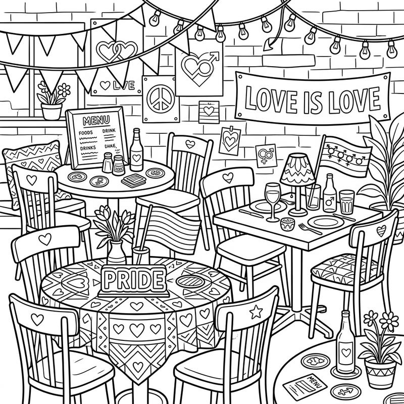 Immerse yourself in the joyful spirit of Pride Month with this intricately designed coloring page featuring a lively pub and bistro scene. Discover tables adorned with rainbow flags, hearts, and 'Love Is Love' banners, all ready for your creative touch.