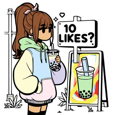 girl with oversized hoodie drinking boba and she has a high ponytail with a sign that says 10likes?