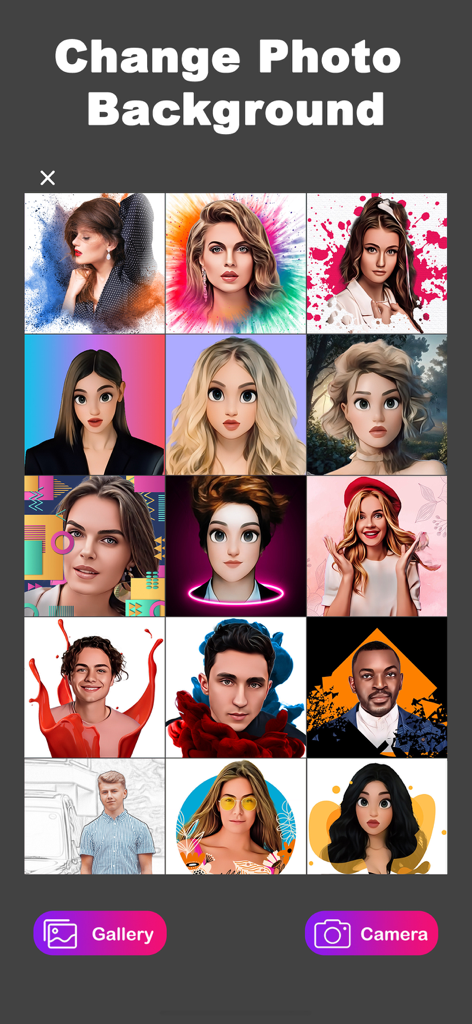 AI Cartoon Photo Maker Zoocy - A grid of AI generated cartoon avatars with various artistic backgrounds in the Zoocy app