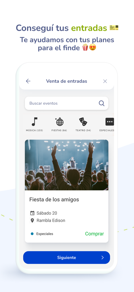 Miredpagos - Miredpagos mobile app screen showing event ticket sales for music theater and parties in Uruguay