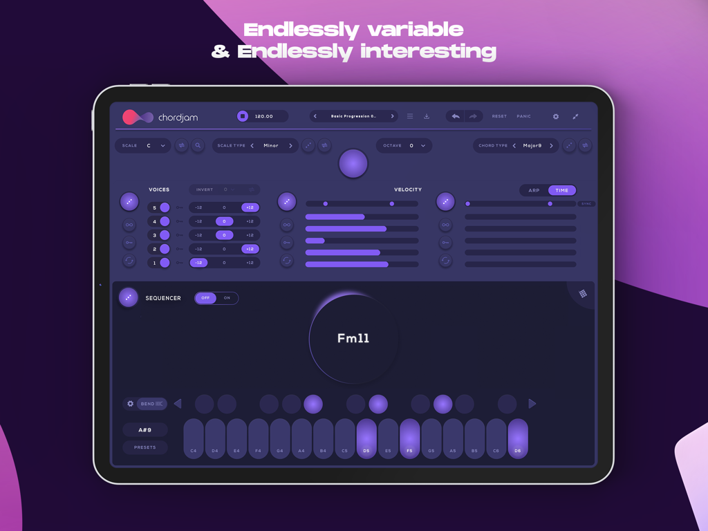 iPad上のChordjam MIDIシーケンサーインターフェースは、複雑なコード進行コントロールとベロシティ設定を示しています。