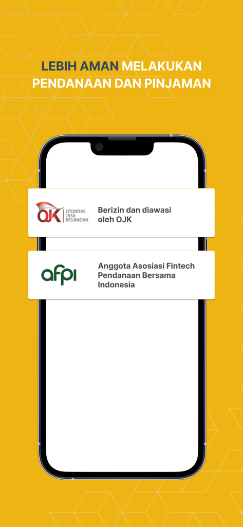 KlikUMKM app screen showing official OJK and AFPI licenses for secure financial transactions