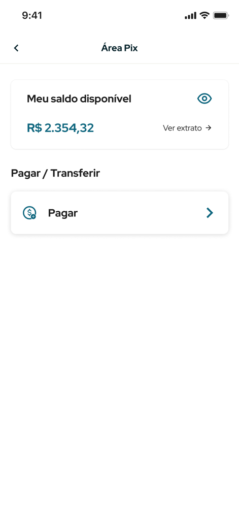 Pix 결제 영역과 브라질 레알화 잔액을 보여주는 빌렐라 페이 앱 인터페이스