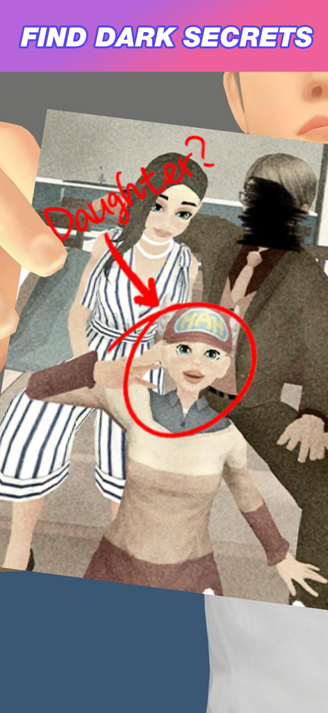 Become a Justice Queen - A character investigating a family photograph to find dark secrets and clues in the game Become a Justice Queen