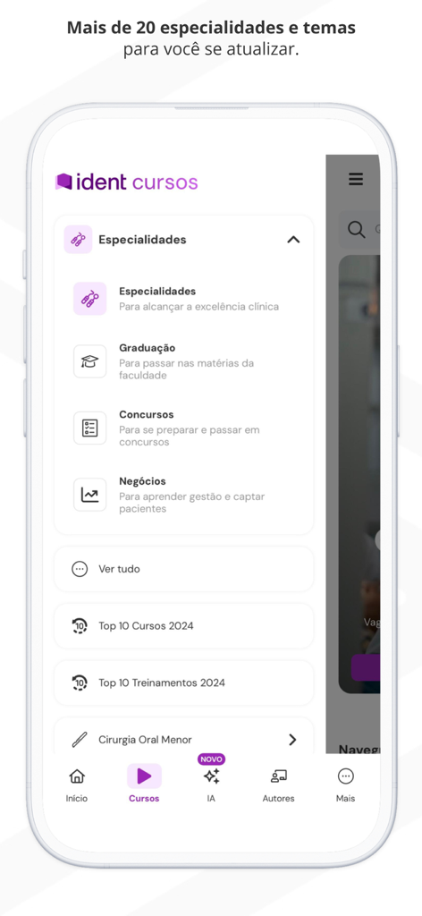 Mobile app interface of Ident showing various dental course categories including specialties, graduation, and business management.
