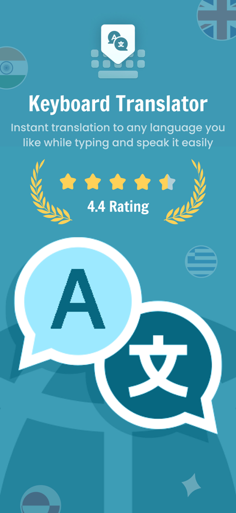 Translate AI Keyboard Language - Imagen promocional de Keyboard Translator que muestra funciones de traducción instantánea y alta calificación.