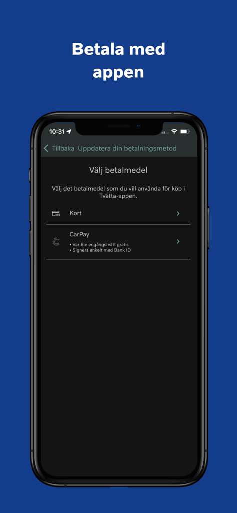 A smartphone displaying the payment selection screen in the Tvatta car wash app with options for credit card and CarPay