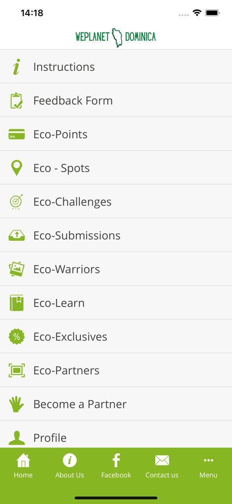 WePlanet - Der Hauptmenübildschirm der WePlanet-Mobil-App mit umweltfreundlichen Funktionen wie Öko-Punkte, Öko-Herausforderungen und Öko-Lernen.