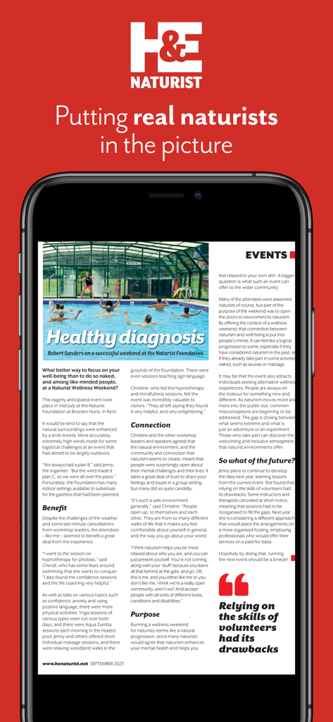 H&E Naturist magazine app displaying an article about a wellness weekend on a smartphone screen.