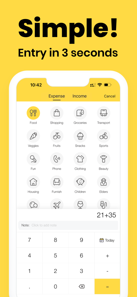 Easy Budget: Spending Tracker - Easy Budget app interface showing quick manual expense entry with category icons
