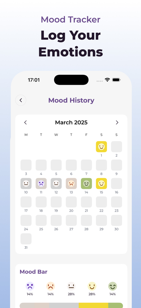 Anxiety Tracker: Mood Journal - Una vista de calendario mensual dentro de la aplicación Rastreador de Estado de Ánimo que muestra registros emocionales diarios usando íconos de emoji y una barra de distribución de estado de ánimo en la parte inferior.