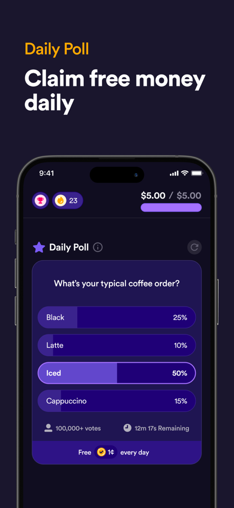 Survey Spin: Get paid cash! - Interfaz de la aplicación Survey Spin que muestra una pregunta de sondeo diario sobre pedidos de café para ganar recompensas en efectivo.