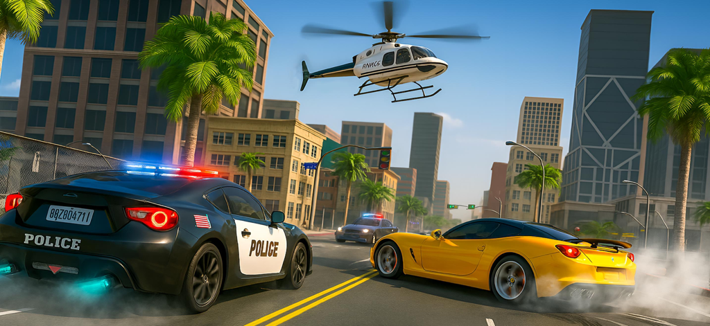 High speed police car chase in a city with helicopter support