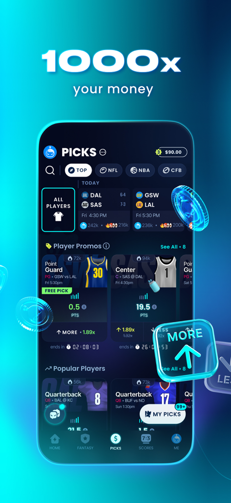 Sleeper app Picks interface showing player stats predictions for fantasy sports