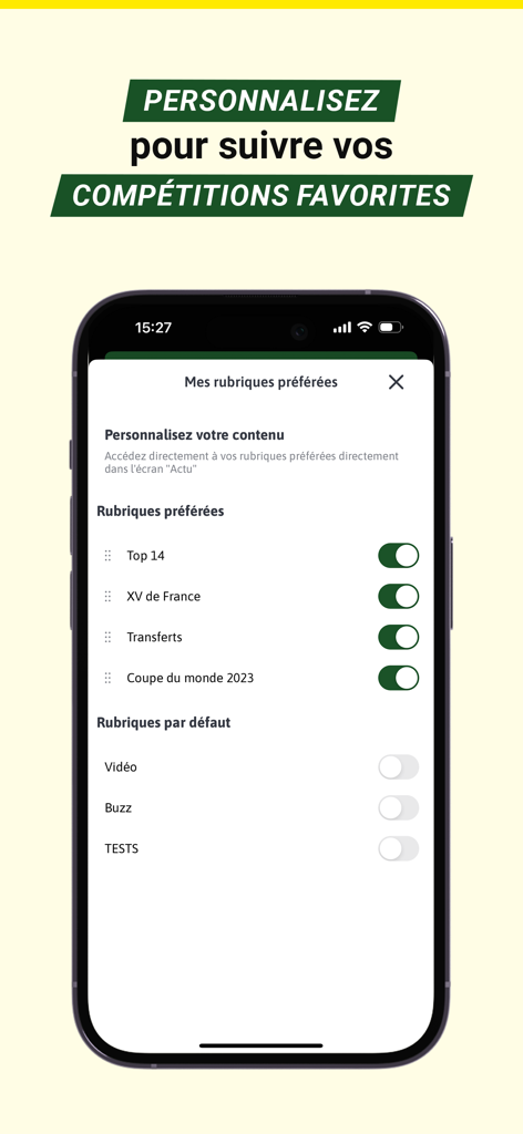 Pantalla de la aplicación Rugbyrama mostrando opciones para personalizar y seguir competiciones de rugby y categorías de noticias favoritas.