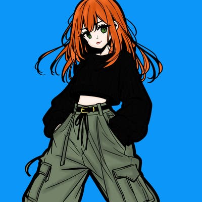 anime teen girl with baggy pants and crop top with sweater