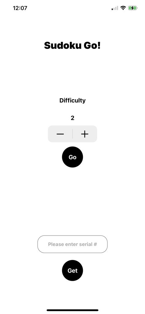 Sudoku Go Pro app interface for selecting difficulty and searching puzzle serial numbers