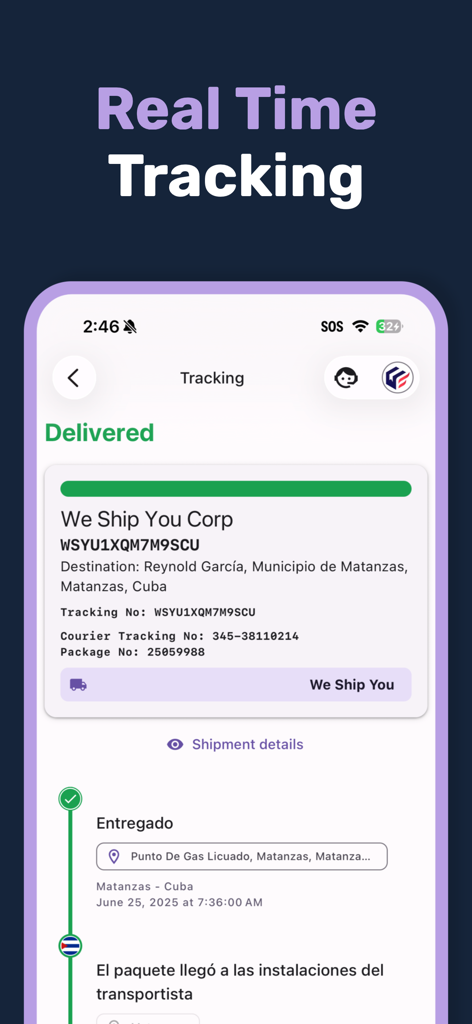 We Ship You - We Ship You app screen displaying real time tracking and delivery status for a package to Cuba
