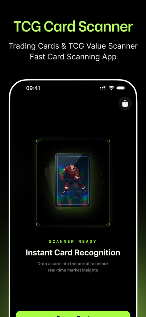 SnapCard: Sports Card Scanner - SnapCard app interface showing the TCG card scanner and instant recognition feature for a sports card.