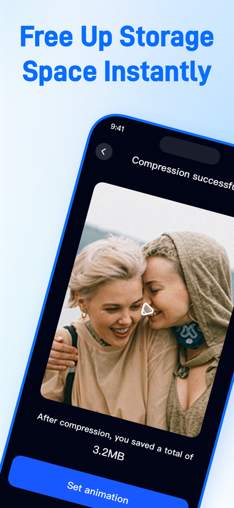 AI Cleaner Optimize Storage - AI Cleaner mobile app interface showing successful video compression saving 3.2 megabytes of storage space.
