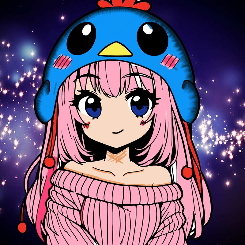 anime girl with chick shaped hat with sweater with bare shoulders with bangs covering them one eye with low tail