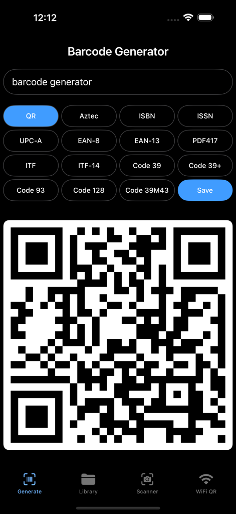 Barcodes Generator Unlimited - Interface of the Barcodes Generator Unlimited app showing a generated QR code and options for UPC EAN and ISBN formats
