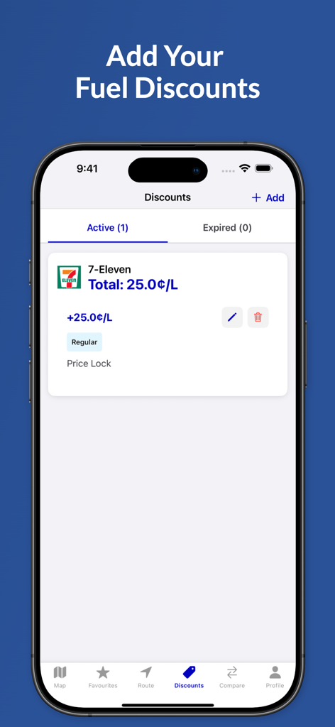 FuelRadar: Petrol Prices Map - A mobile screen from the FuelRadar app showing active fuel discounts and price lock details for 7-Eleven.
