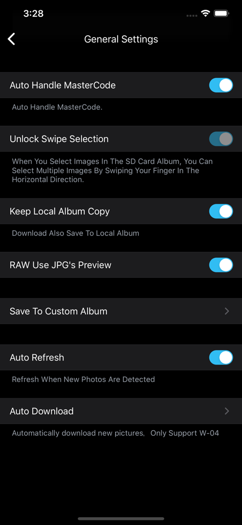 General settings screen of the FAir for FlashAir app showing automation and RAW preview options in dark mode.