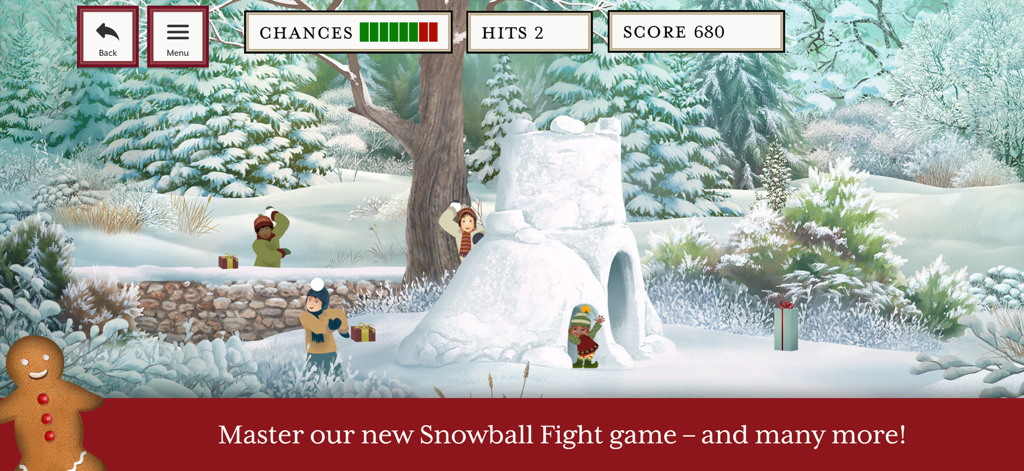 A charming hand-drawn snowball fight game in a snowy Christmas village scene.