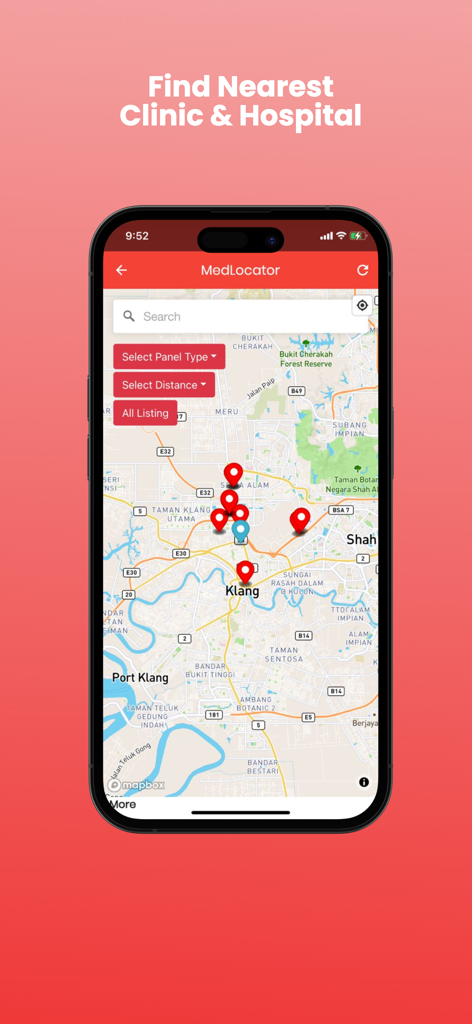 Medkad app interface showing a map with pins for clinics and hospitals