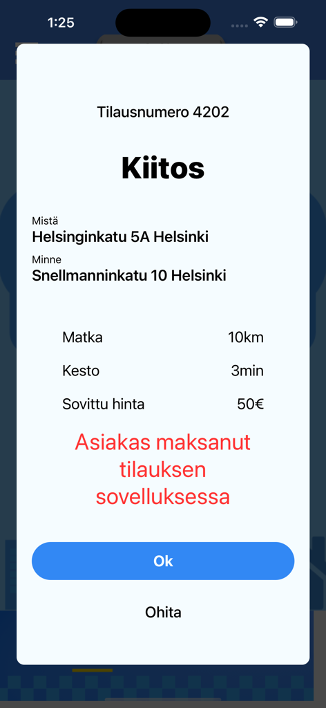 SnapCab app interface showing a taxi order summary with pickup and drop-off addresses, distance, and payment status.