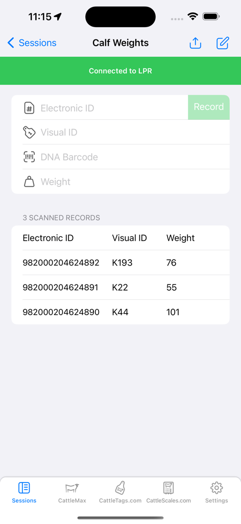 TagMax app interface displaying a calf weights session with scanned cattle records