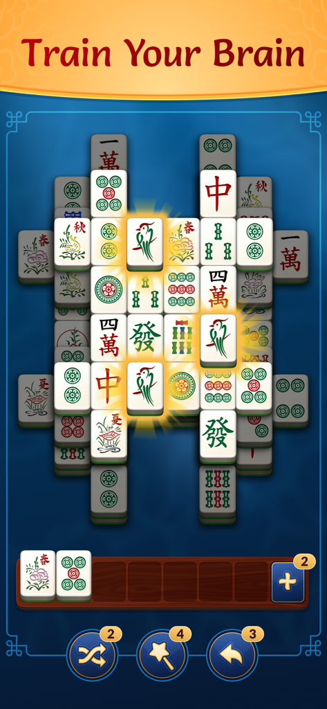 Zen Tiles - Mahjong Match - Mahjong triple match puzzle gameplay in Zen Tiles with a header that says Train Your Brain.