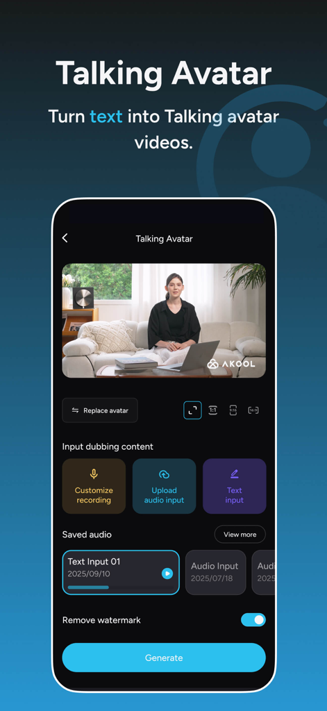 A screenshot of the Akool app interface showing the Talking Avatar feature to turn text into video