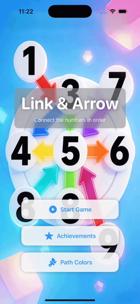 Link & Arrow - Main menu screen of the Link and Arrow mobile puzzle game featuring numbered nodes and colorful arrows